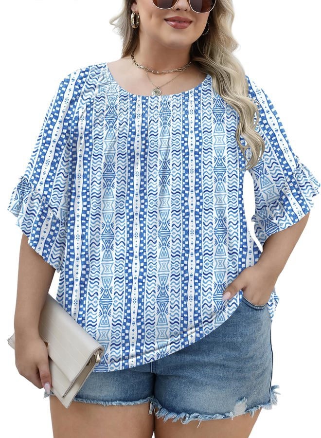 Micoson Womens Plus Size Tops 3/4 Ruffle Sleeve Shirts Crewneck Pleated Blouses Dressy Casual Fashion Tunic Top (1X-5X), Blue Ethnic Print, 3XL - Image 4