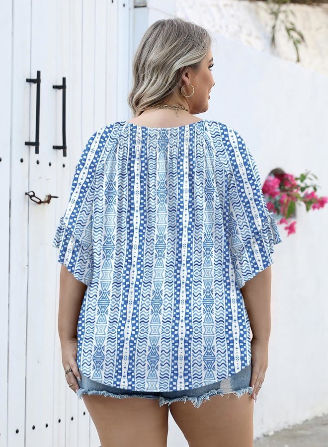 Micoson Womens Plus Size Tops 3/4 Ruffle Sleeve Shirts Crewneck Pleated Blouses Dressy Casual Fashion Tunic Top (1X-5X), Blue Ethnic Print, 3XL - Image 2