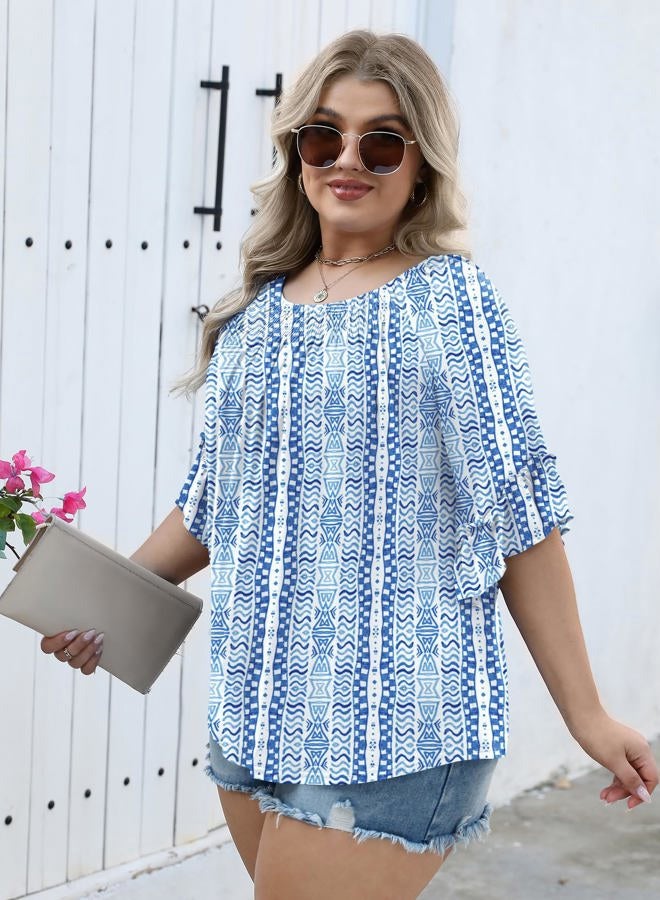 Micoson Womens Plus Size Tops 3/4 Ruffle Sleeve Shirts Crewneck Pleated Blouses Dressy Casual Fashion Tunic Top (1X-5X), Blue Ethnic Print, 3XL - Image 3