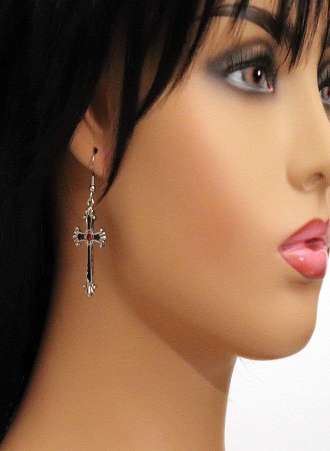 ريال ميتال أقراط متدلية على شكل صليب قوطي فيكتوري مرصعة بكريستالات نمساوية حمراء - Image 2