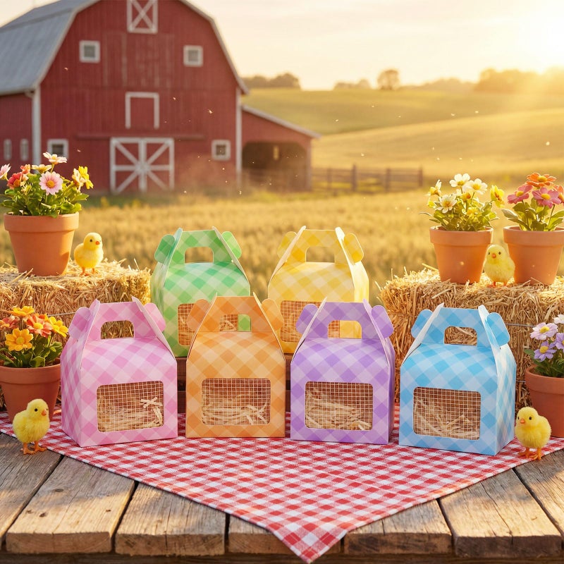 YooNotee 24 Pcs Easter Chicken Party Favor Set Easter Adopt a Chick Party Favors Treat Boxes with Window Foldable Treat Boxes with Raffia Grass and Net for Adopt a Farm Animal Basket Fillers - Image 4