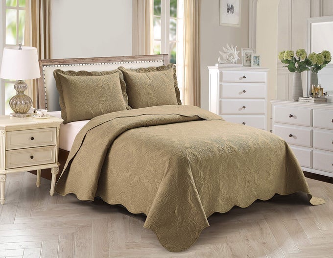 3PC KINGCAL KING OVER SIZE ELEGANT EMBOSSED BEDSPREAD SET LIGHT WEIGHT SOLID TAUPE NEW STACY
