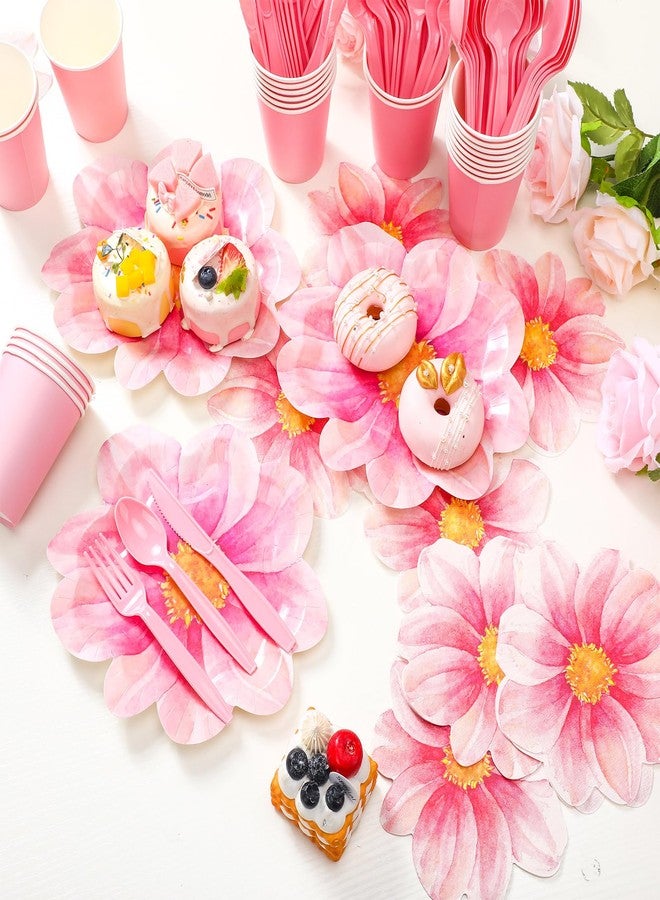 Sieral 144 Pcs Flower Party Supplies Include Disposable Flower Paper Plates Decorative Pink Floral Plates Napkins Cups and Cutlery for Bridal Baby Shower Wedding Birthday Summer Tableware Decoration - Image 3
