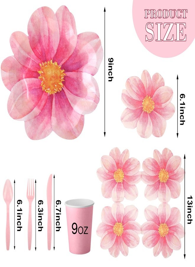 Sieral 144 Pcs Flower Party Supplies Include Disposable Flower Paper Plates Decorative Pink Floral Plates Napkins Cups and Cutlery for Bridal Baby Shower Wedding Birthday Summer Tableware Decoration - Image 2