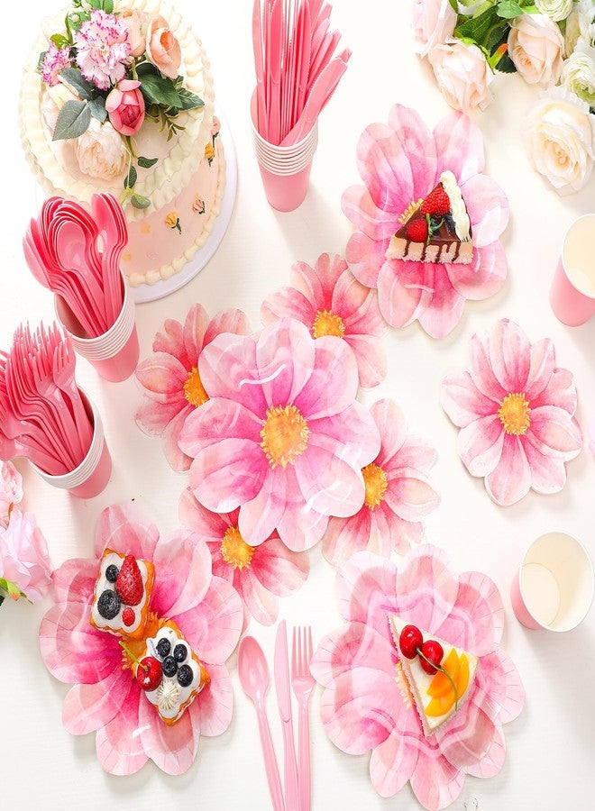 Sieral 144 Pcs Flower Party Supplies Include Disposable Flower Paper Plates Decorative Pink Floral Plates Napkins Cups and Cutlery for Bridal Baby Shower Wedding Birthday Summer Tableware Decoration - Image 4