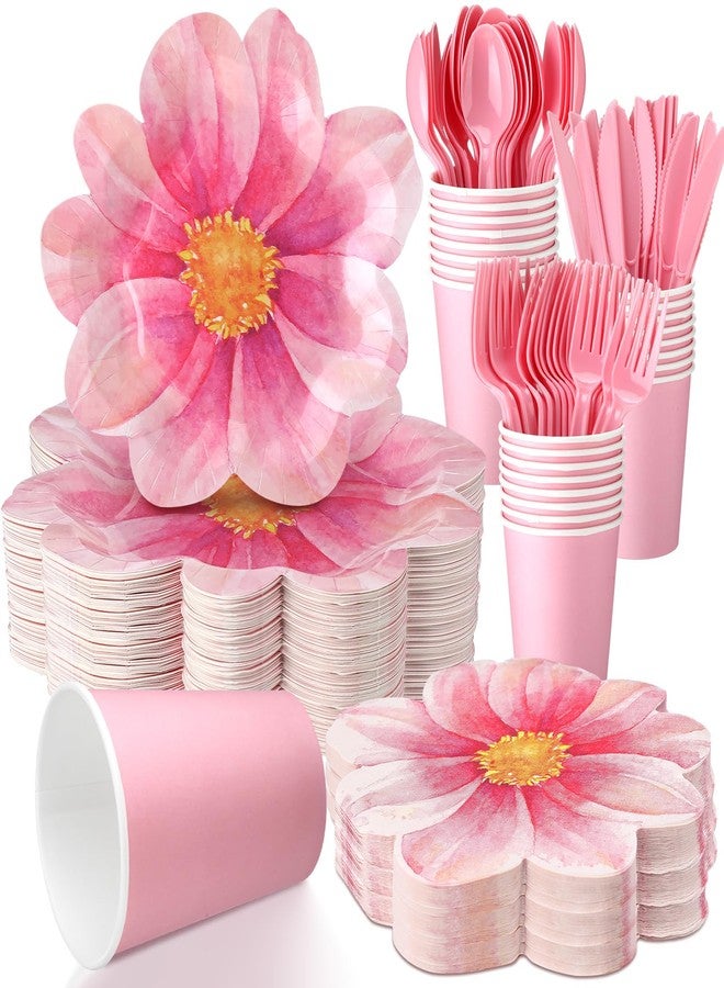 Sieral 144 Pcs Flower Party Supplies Include Disposable Flower Paper Plates Decorative Pink Floral Plates Napkins Cups and Cutlery for Bridal Baby Shower Wedding Birthday Summer Tableware Decoration - Image 1