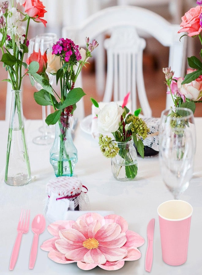 Sieral 144 Pcs Flower Party Supplies Include Disposable Flower Paper Plates Decorative Pink Floral Plates Napkins Cups and Cutlery for Bridal Baby Shower Wedding Birthday Summer Tableware Decoration - Image 5