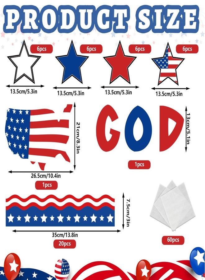 Whaline 60Pcs 4th of July Bulletin Board Decorations God Bless America Patriotic Star USA Map Cut-Outs Red White Blue Classroom Trim Border with Glue Point for Independence Day School Decor - Image 2