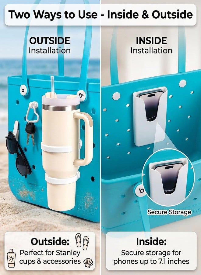 LETGO 2 Pack Cup Holder for Bogg Bag, Fits 16-40oz Stanley, Silicone Phone Holder & Hooks Set Accessories Compatible with All Bogg Bags for Simple Modern Beach Tote Bag (White) - Image 4
