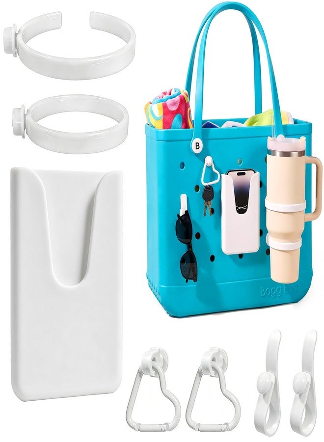 LETGO 2 Pack Cup Holder for Bogg Bag, Fits 16-40oz Stanley, Silicone Phone Holder & Hooks Set Accessories Compatible with All Bogg Bags for Simple Modern Beach Tote Bag (White) - Image 1