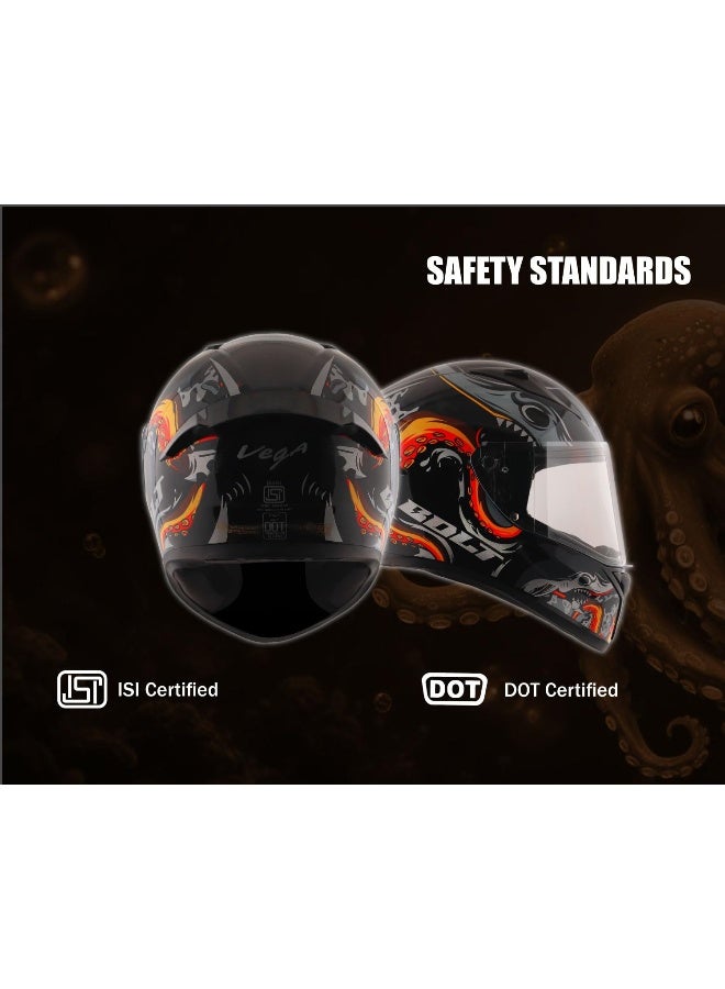 Vega Bolt Octopus ISI DOT Certified Full Face Gloss Finish Helmet for Men and Women with Clear Visor Black Orange  Size M - Image 1