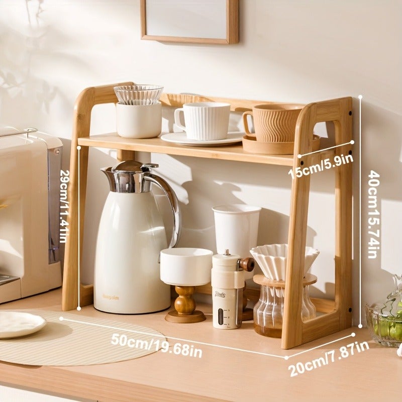 2 Tier Bamboo Countertop Organizer - Modern Cream Style, Natural Wood Finish, Multi-Purpose Storage for Kitchen, Office, Bedroom, Dorm Room - Great for Mugs, Glassware Sturdy Frame Design, Bamboo Shelves, Utility Shelves, Standing Shelf - Image 1