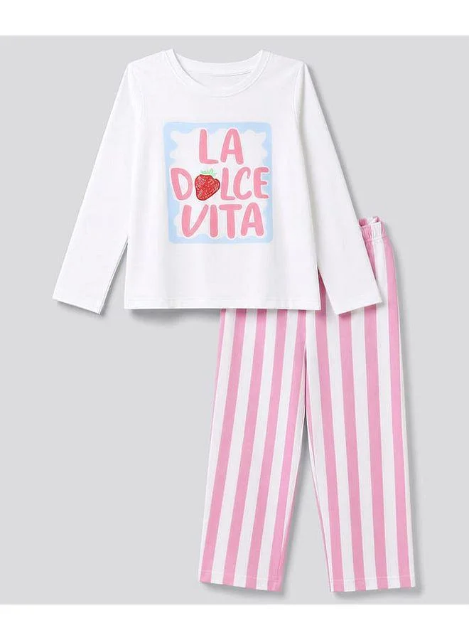 Primo Gino Primo Gino 100% Cotton Knit Full Sleeves Striped Pajama Set with Strawberry Print - White/Pink