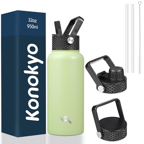 Konokyo 32 oz Insulated Water Bottle Stainless Steel Sport Bottles with 3 Lids,Macaron Green - Image 1