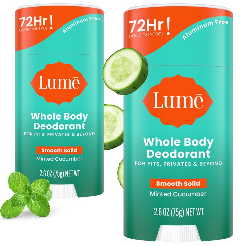 Lume Whole Body Deodorant Smooth Solid Stick 72 Hour Odor Control Aluminum Free Baking Soda Free and Skin Safe 26 Ounce Pack of 2 Minted Cucumber