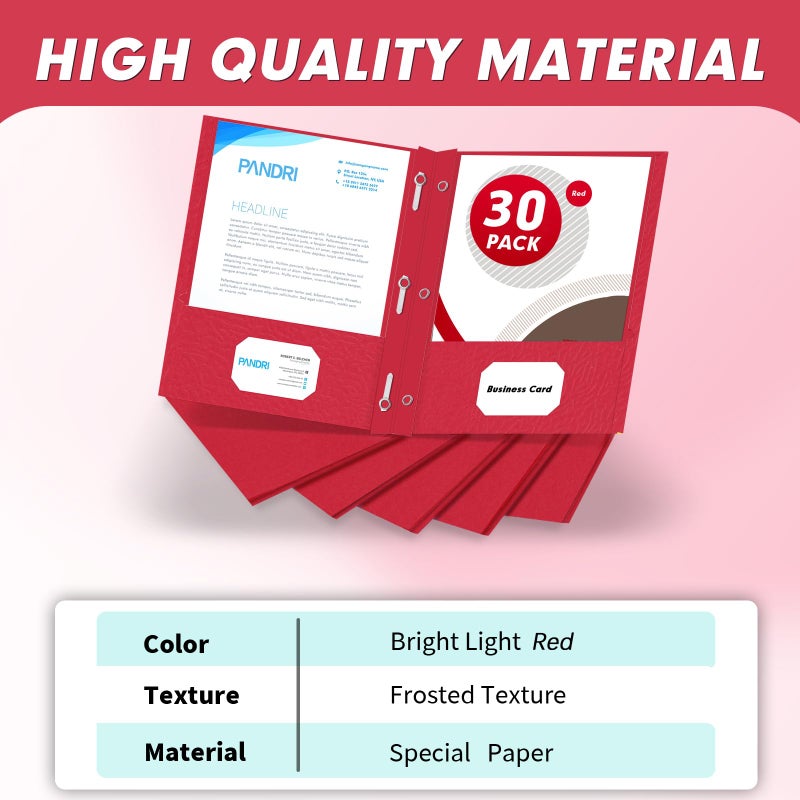 PANDRI Two Pocket Folders, PANDRI 30 Pack Two Pocket Folders with Prongs, 3 Prong Folders Designed for Office and Classroom, Letter Size Red - Image 2