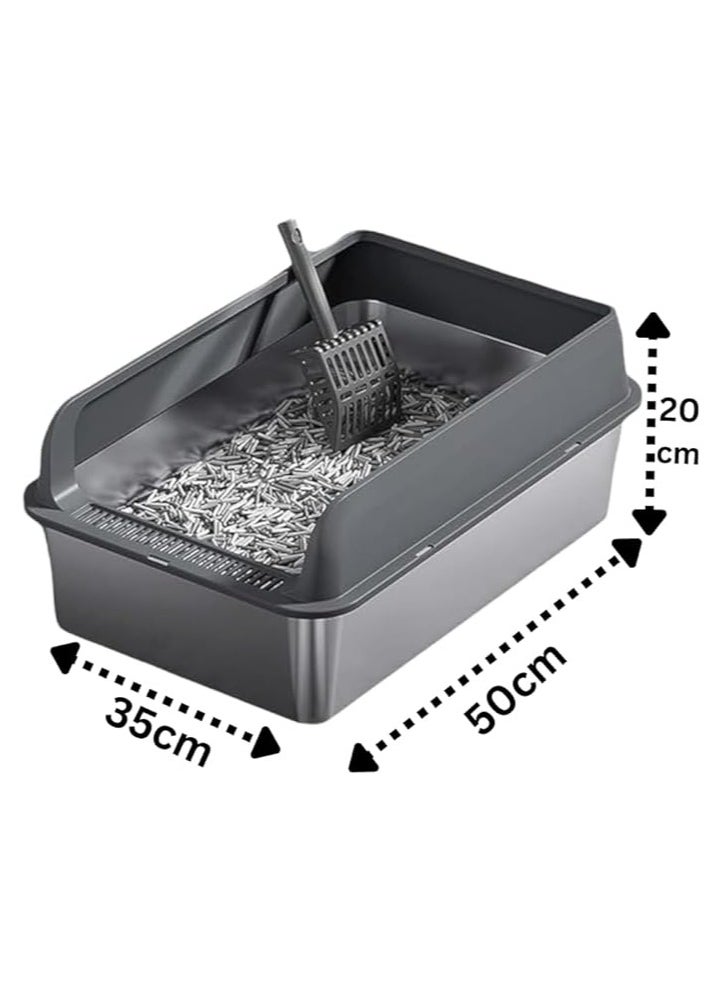 TRADE BAY - Cat Litter Box Stainless Steel(201) with Scoop and Anti-Splash Cover 50x35x20cm - Image 1
