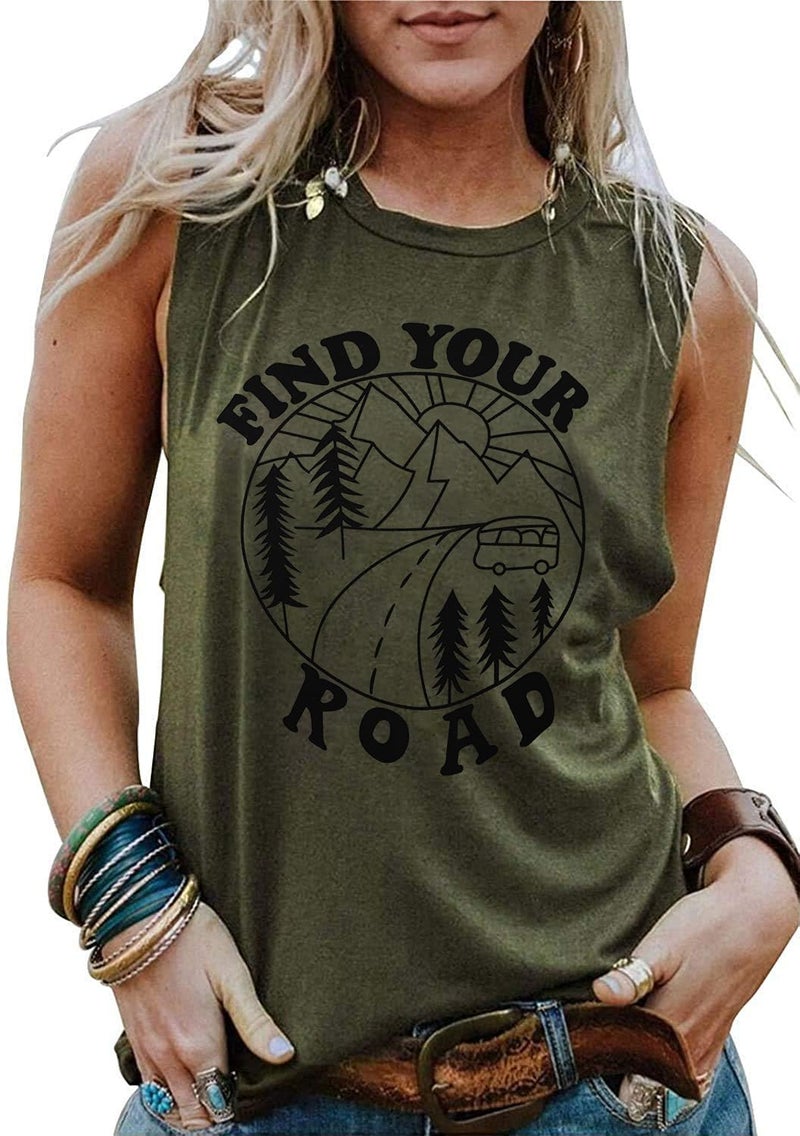 rosemia Tank Tops for Women Summer Find Your Round Graphic Tshirts Sleeveless Casual Ladies Loose Tunic Blouse (Amy Green, 2XL) - Image 1