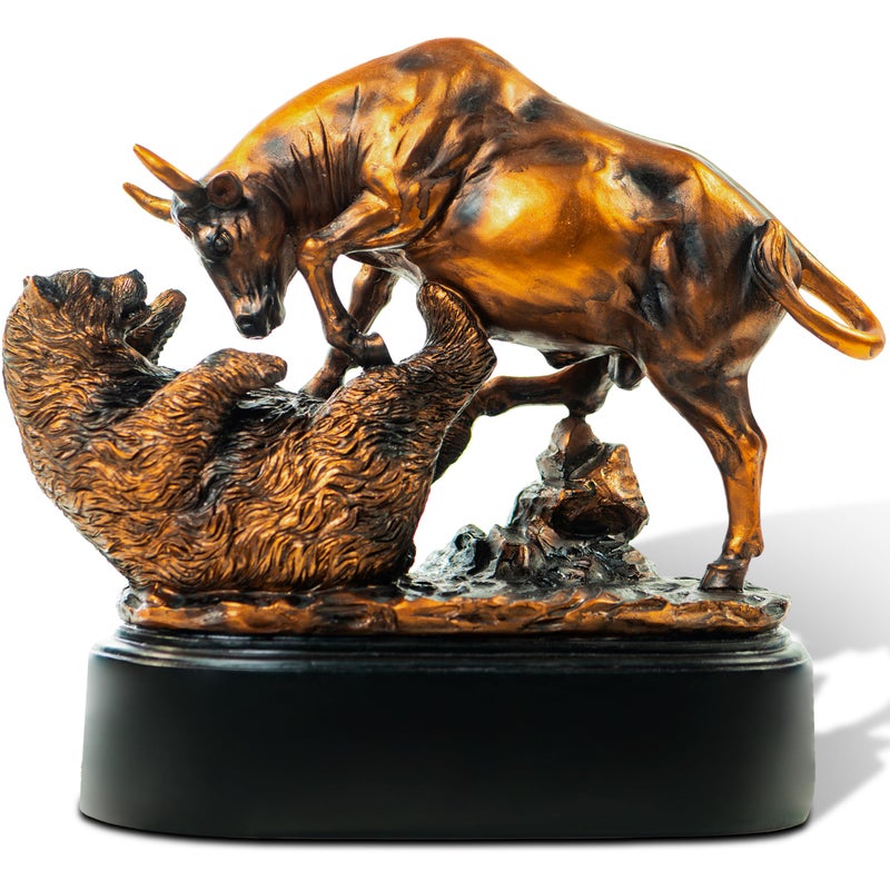 MEPERPER Bull and Bear Statue Wall Street Decor, 9x9.5 Resin Finance Desktop Decor Figurine for Traders and Investors with Bronze-Like Finish, Stock Market Gifts - Image 1
