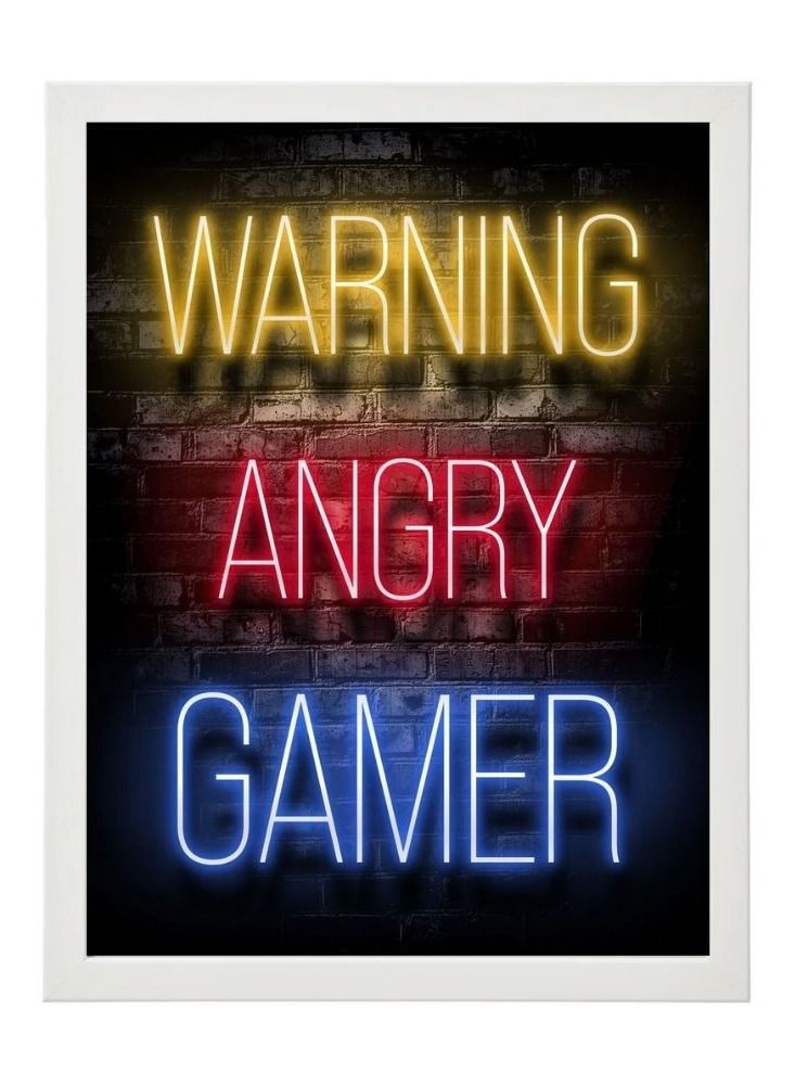 RKN Warning Angry Gamer Neon Wall Art Poster Frame 30x40cm - Image 1