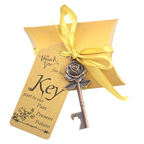 Makhry 50 Set Skeleton Rose Key Bottle Openers with Candy Box In Antique Vintage Style Escort Tags French Ribbon As A Gift Souvenir At Wedding Party Supplies Copper - Image 1