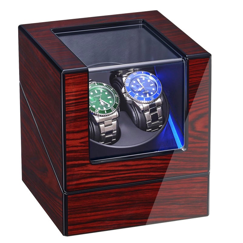 ANWBROAD Watch Winder for Automatic Watches Double with Super Quiet Motor Flexible Watch Pillows LED Backlight Wooden 5 Modes Battery or USB UJWW001Y