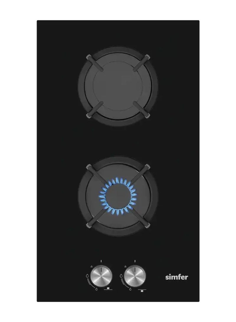 Gas Hob 30 cm | 2 Burner Built In Gas Cooktop | Black Glass Surface | 3850W High Power | Auto Ignition Knob Control | Enamel Pan Support | Compact Kitchen Hob | SMF303BHG-BC