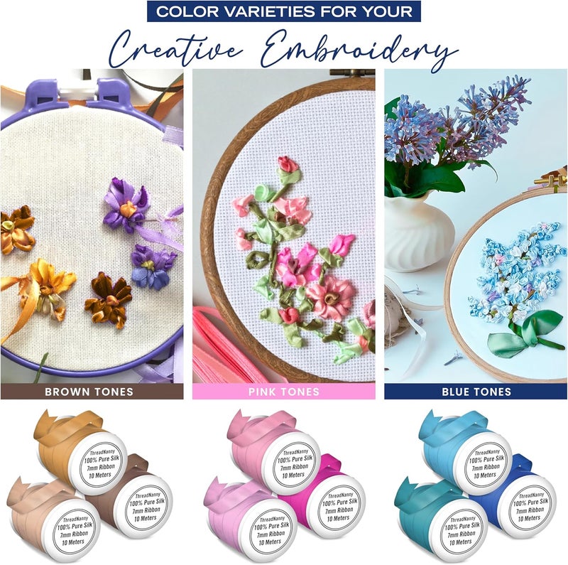 ThreadNanny New 7mm Size ThreadNanny 6 Spools of 100 Pure Silk Ribbons  Blue Tones  60 Meters x 7mm - Image 5