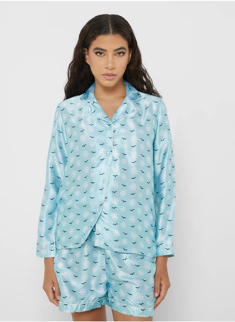 جينجر Satin Printed Shirt & Short Set
