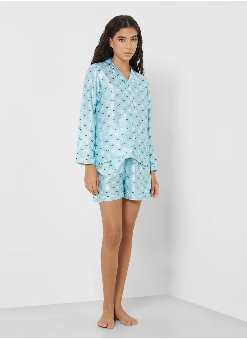 جينجر Satin Printed Shirt & Short Set
