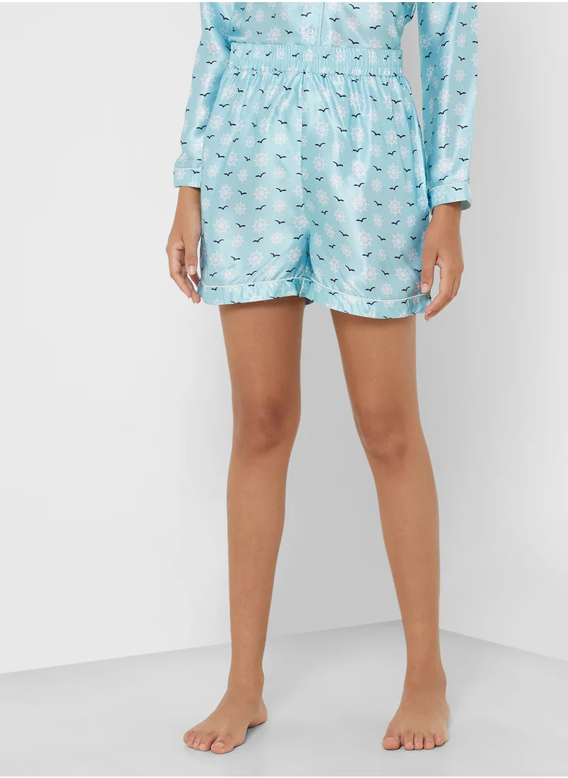 جينجر Satin Printed Shirt & Short Set
