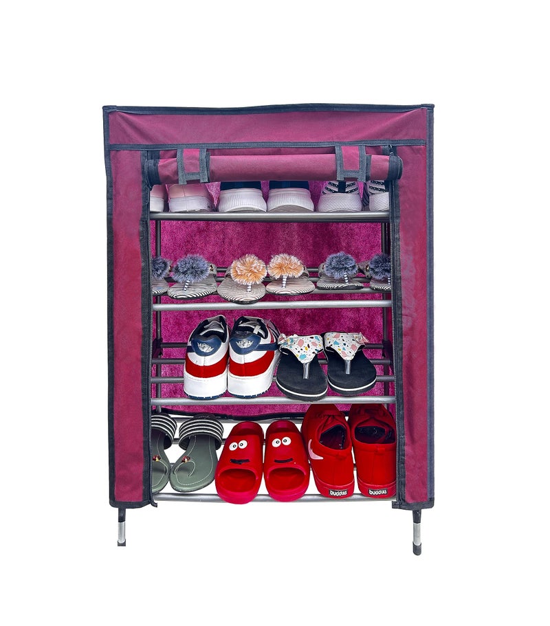 SANAMSTORE Metal 4 Tier Rack Shoe/Clothes/books stand Rack with cover for home (Need to Be Assemble - DIY) -Mahroon, Cm - Image 1
