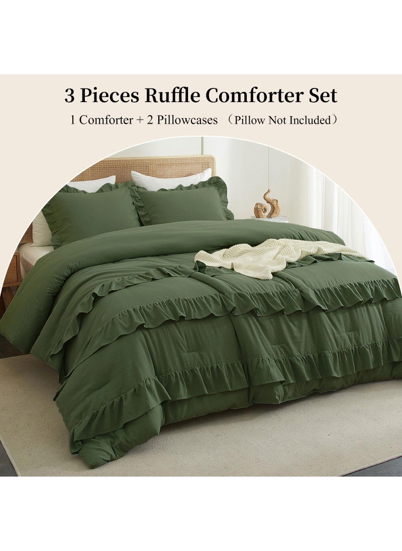 LifeTB Olive Green Comforter Set Full Size Princess Style Ruffle Comforter Set 3 Pieces Boho Comforter Ruffle Farmhouse Bedding Set 1 Olive Comforter with 2 Pillowcases Aesthetic Boho Bed Comforter Full  - Image 2