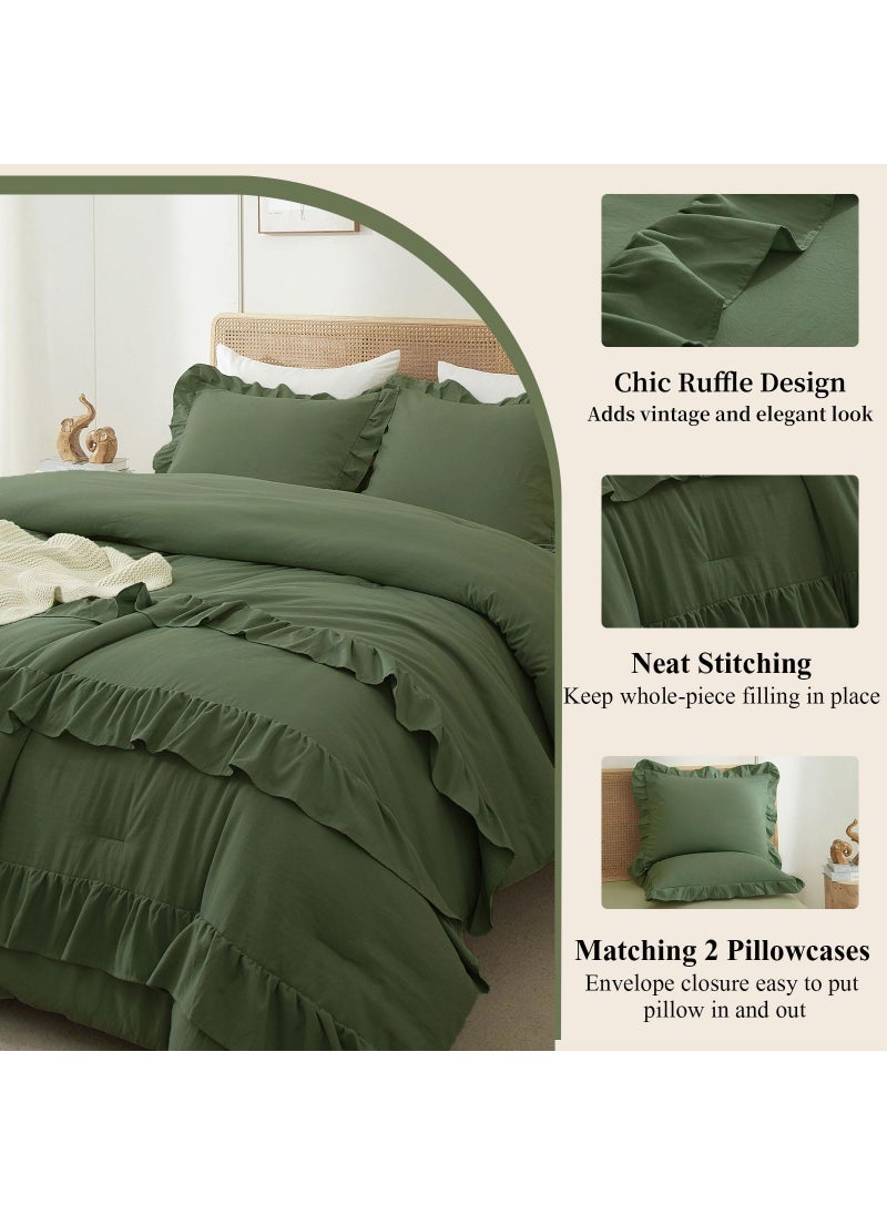 LifeTB Olive Green Comforter Set Full Size Princess Style Ruffle Comforter Set 3 Pieces Boho Comforter Ruffle Farmhouse Bedding Set 1 Olive Comforter with 2 Pillowcases Aesthetic Boho Bed Comforter Full  - Image 4
