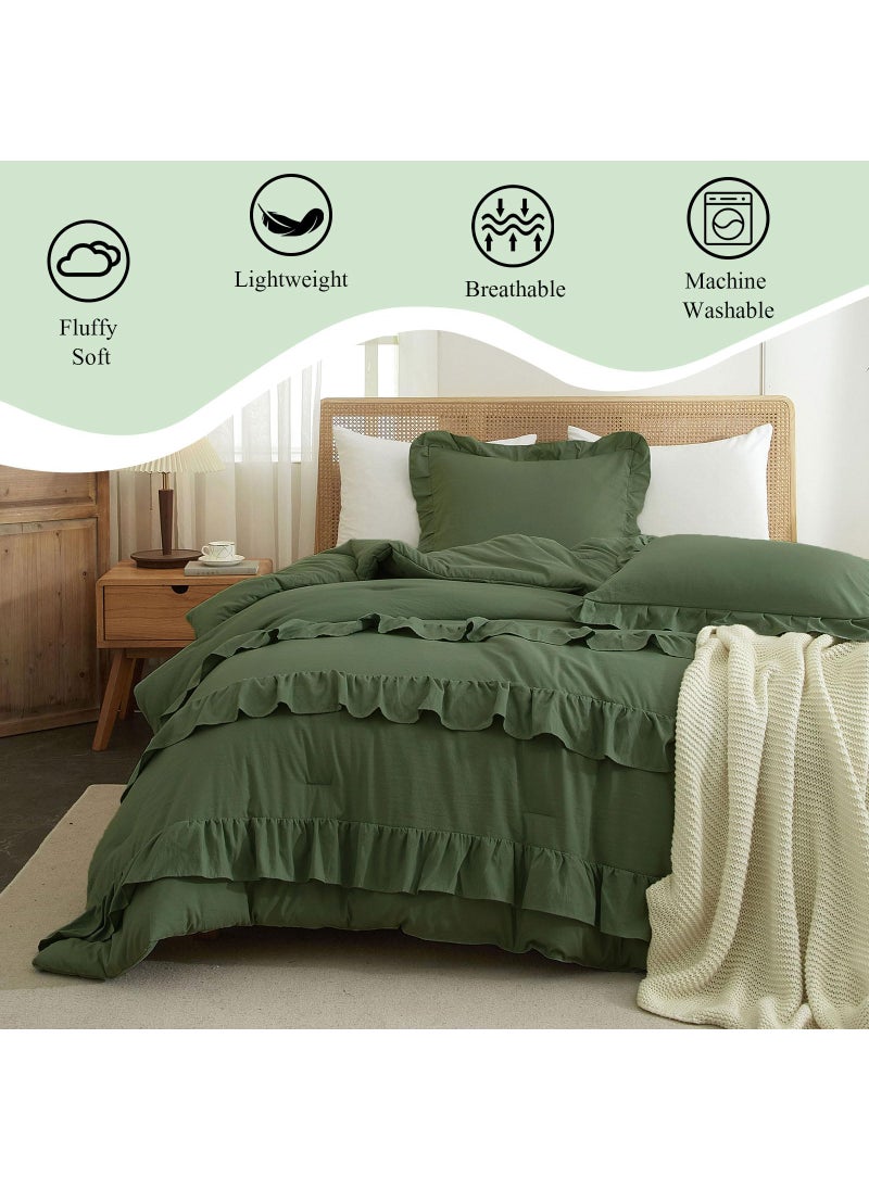 LifeTB Olive Green Comforter Set Full Size Princess Style Ruffle Comforter Set 3 Pieces Boho Comforter Ruffle Farmhouse Bedding Set 1 Olive Comforter with 2 Pillowcases Aesthetic Boho Bed Comforter Full  - Image 3