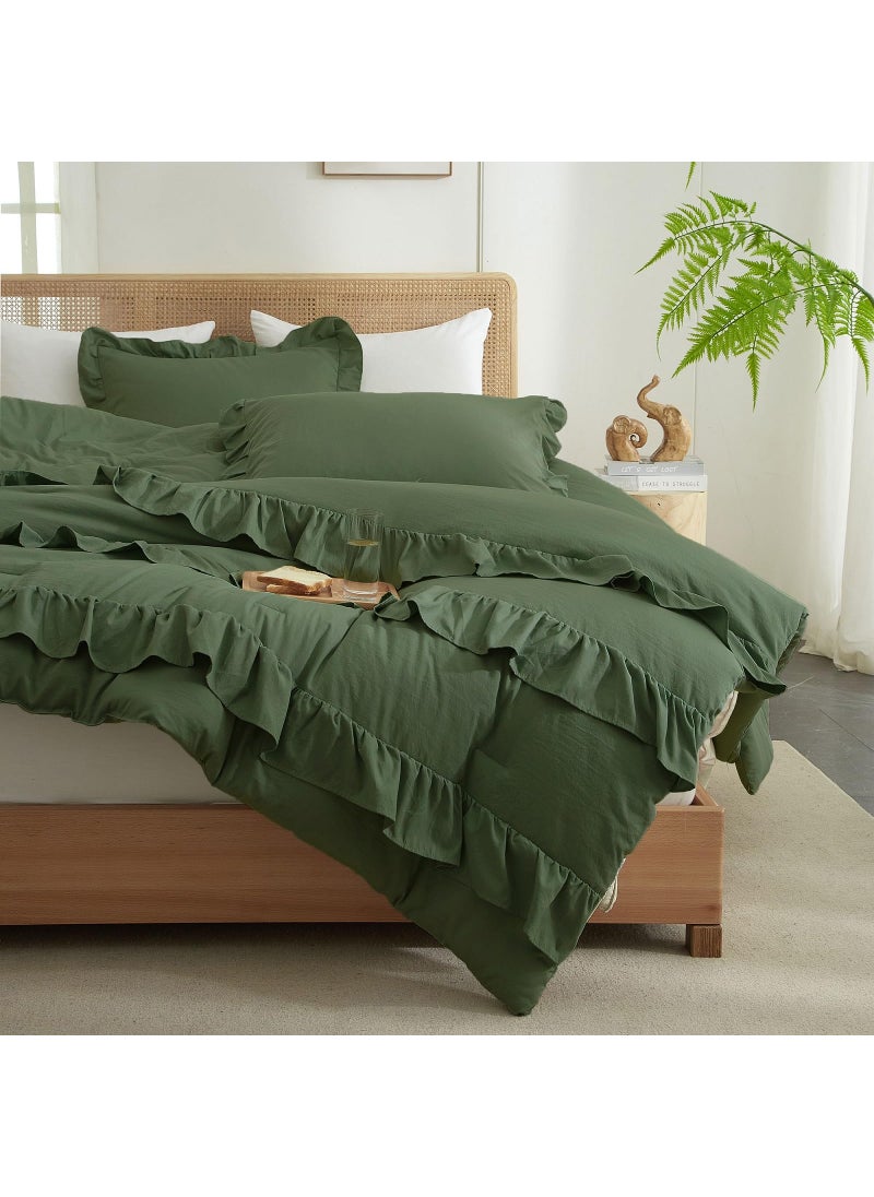 LifeTB Olive Green Comforter Set Full Size Princess Style Ruffle Comforter Set 3 Pieces Boho Comforter Ruffle Farmhouse Bedding Set 1 Olive Comforter with 2 Pillowcases Aesthetic Boho Bed Comforter Full  - Image 5