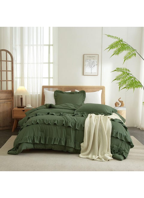 Olive Green Comforter Set Full Size Princess Style Ruffle Comforter Set 3 Pieces Boho Comforter Ruffle Farmhouse Bedding Set 1 Olive Comforter with 2 Pillowcases Aesthetic Boho Bed Comforter Full