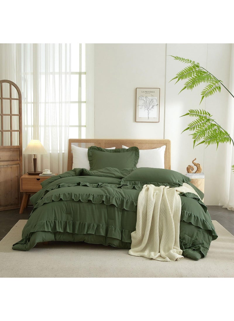 LifeTB Olive Green Comforter Set Full Size Princess Style Ruffle Comforter Set 3 Pieces Boho Comforter Ruffle Farmhouse Bedding Set 1 Olive Comforter with 2 Pillowcases Aesthetic Boho Bed Comforter Full  - Image 1