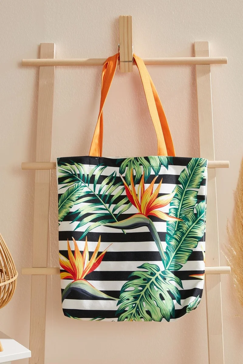 Ays Home Tropical Leaf Black and White Cloth Shopping Beach Bag