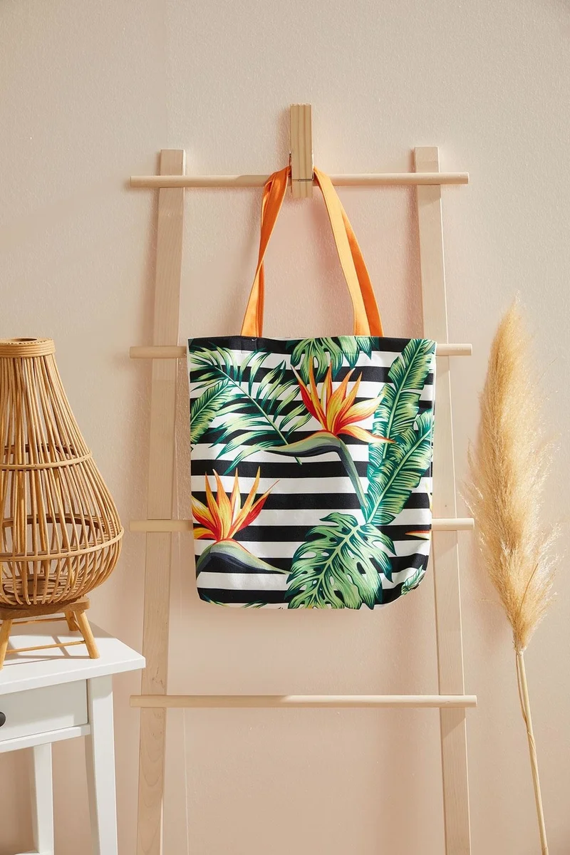 Ays Home Tropical Leaf Black and White Cloth Shopping Beach Bag