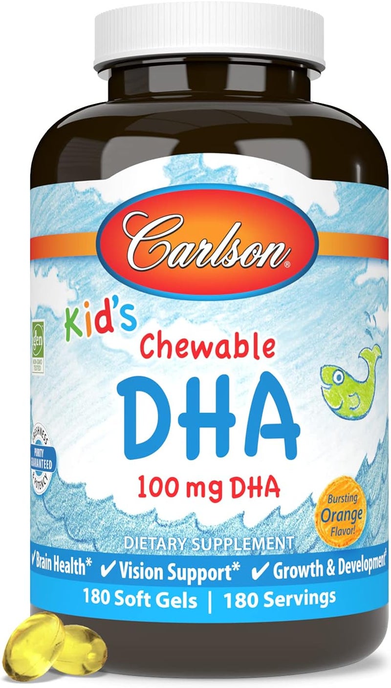 Carlson  Kids Chewable DHA 100 mg DHA Brain Health Vision Function Growth  Development Orange 180 Chewable Softgels - Image 5