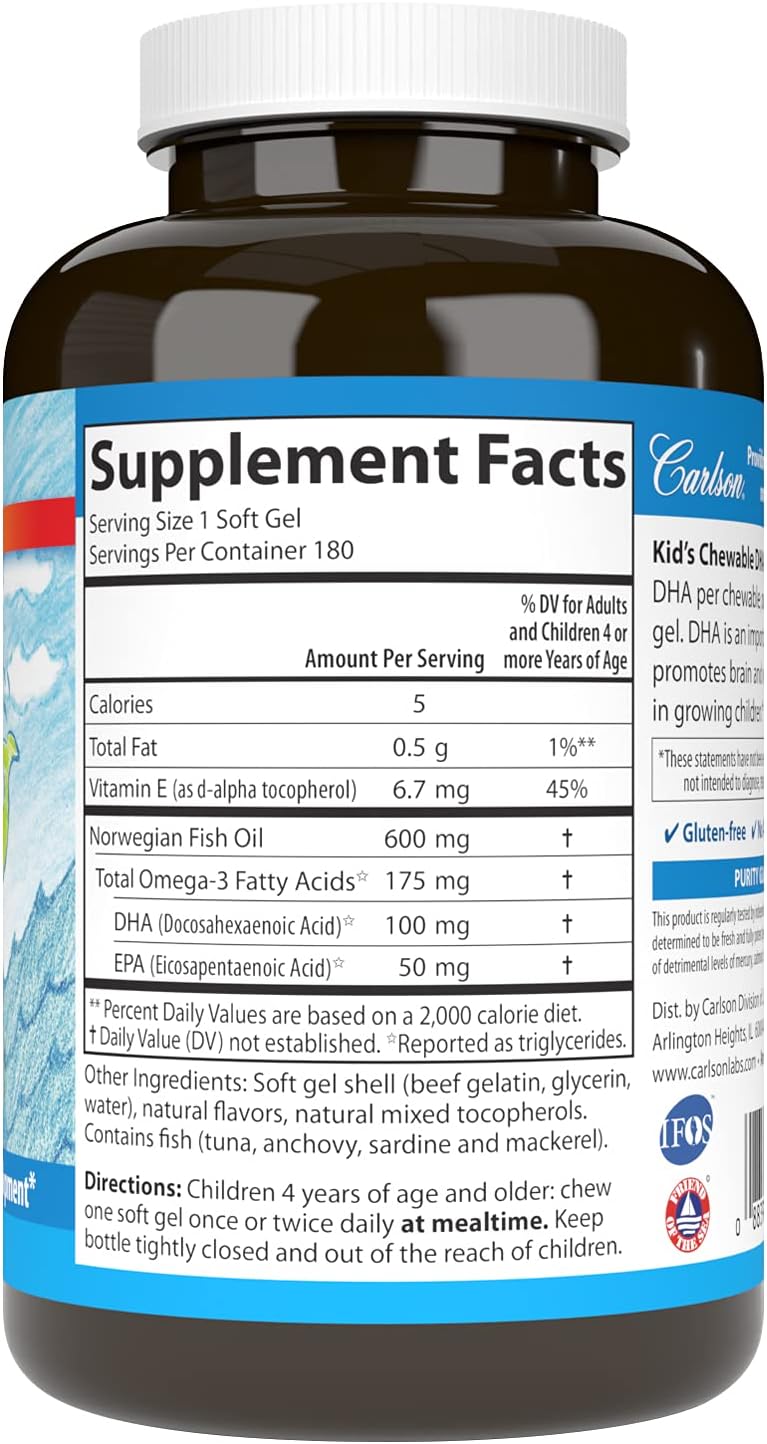 Carlson  Kids Chewable DHA 100 mg DHA Brain Health Vision Function Growth  Development Orange 180 Chewable Softgels - Image 2