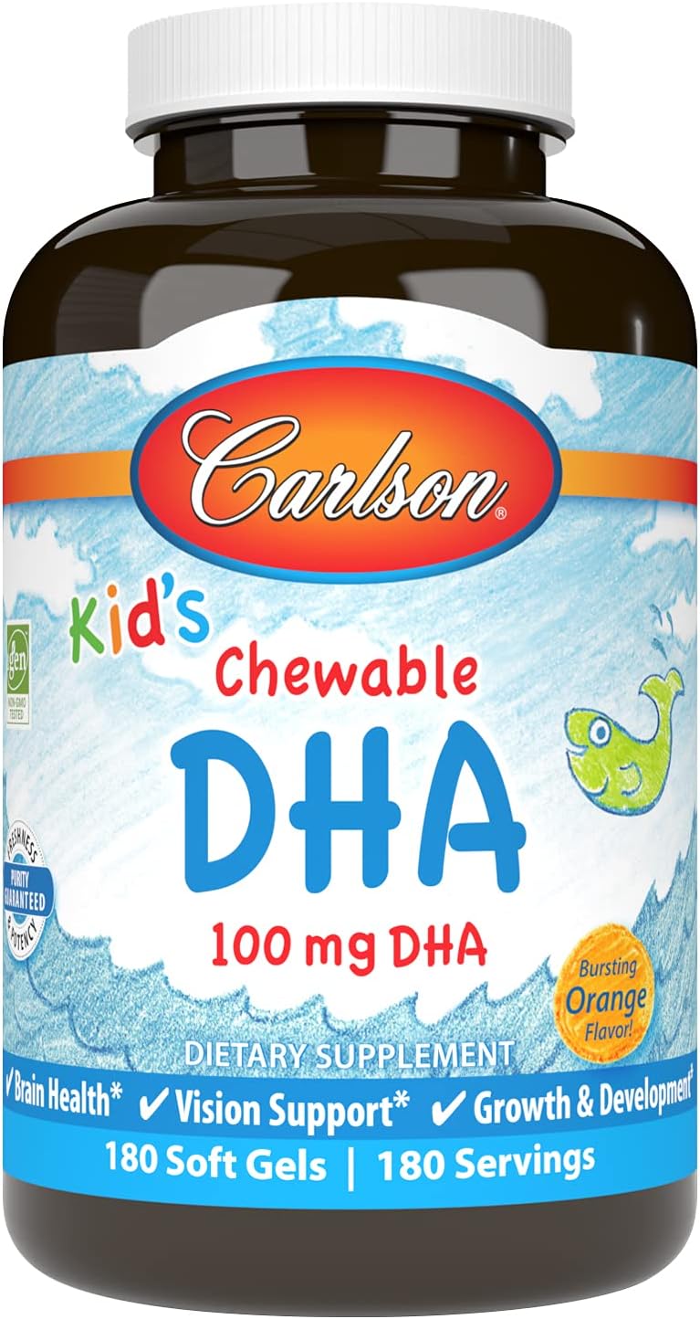 Carlson  Kids Chewable DHA 100 mg DHA Brain Health Vision Function Growth  Development Orange 180 Chewable Softgels - Image 1