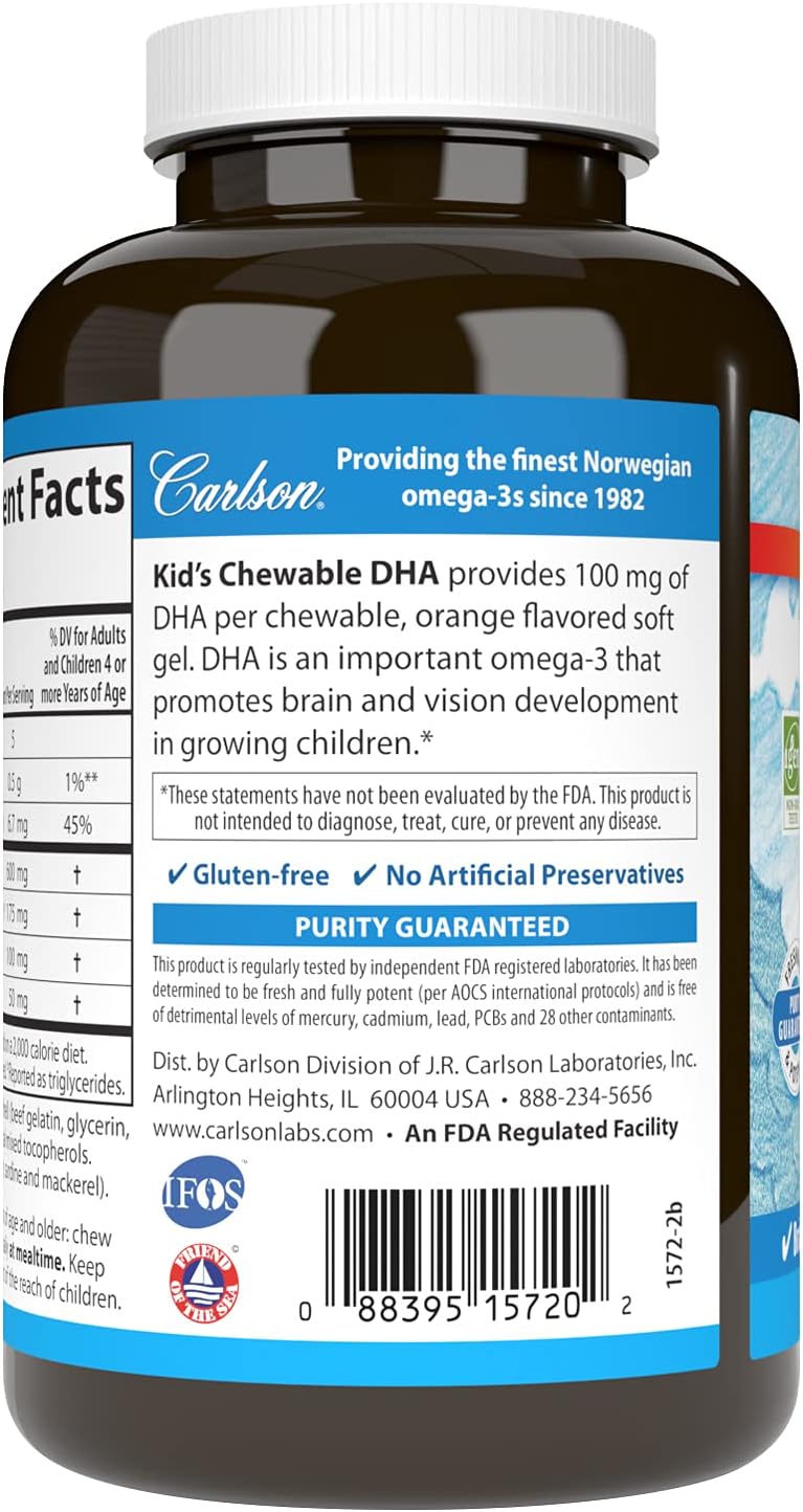 Carlson  Kids Chewable DHA 100 mg DHA Brain Health Vision Function Growth  Development Orange 180 Chewable Softgels - Image 3