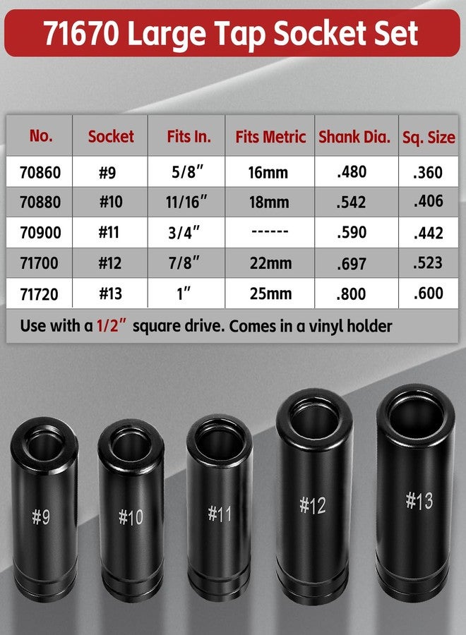 Sunluway 71670 Tap Socket Set Fits 5/8", 11/16", 3/4", 7/8" and 1" Taps, 1/2" Drive, Tap Sockets Adapter For Larger, M.C.T.I. Standard Taps, Large Tap Socket Wrench Set - Image 2