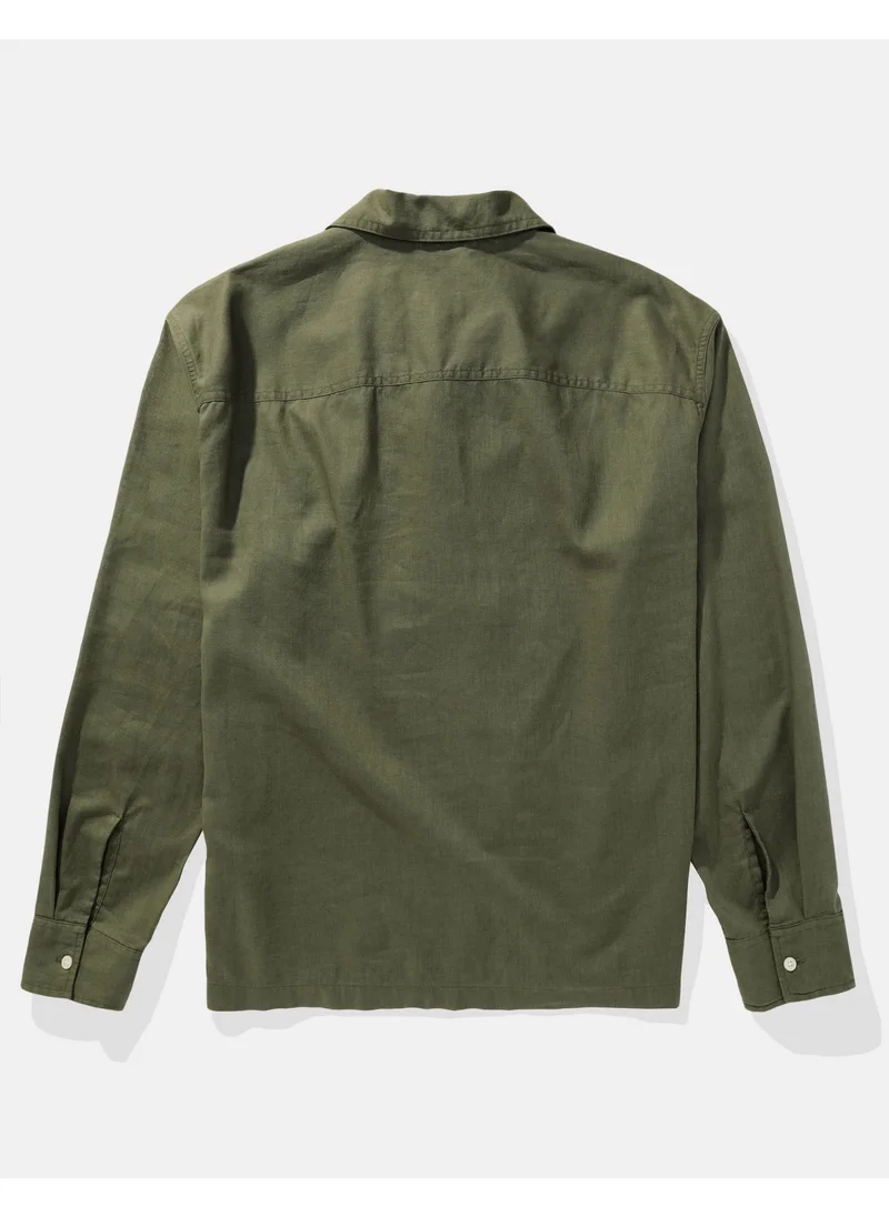 American Eagle Long-Sleeve Linen-Blend Popover Shirt