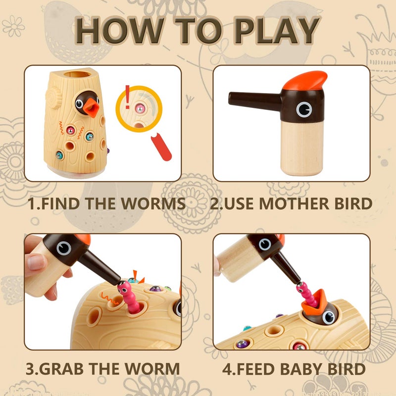 TOP BRIGHT Montessori Toys for 2 Year Old Girl and Boy, Fine Motor Skills Toddler Toys Age 2-4, Woodpecker Worm Toy Magnetic Bird Feeding Game - Image 3