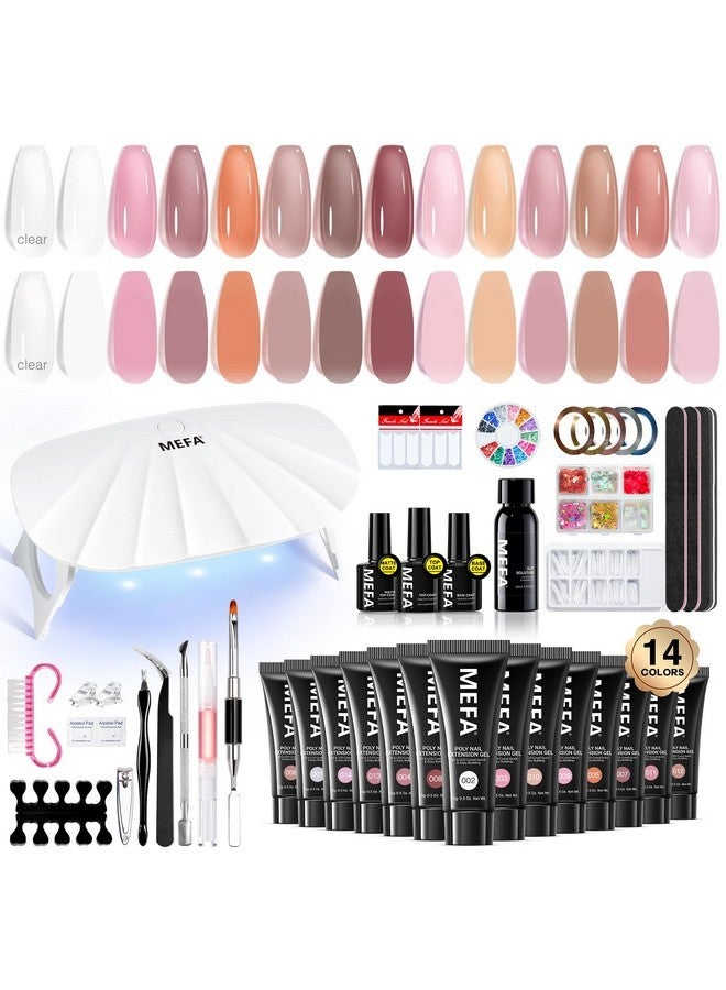 MEFA 42 Pcs Poly Extension Gel Nail Kit, 14 Colors All Seasons Poly Nail Gel Kit With Mini Nail Lamp Nude Jelly Milky White Clear Color Slip Basic Nail Kits Manicure Tools Design Beginner Kit - Image 1