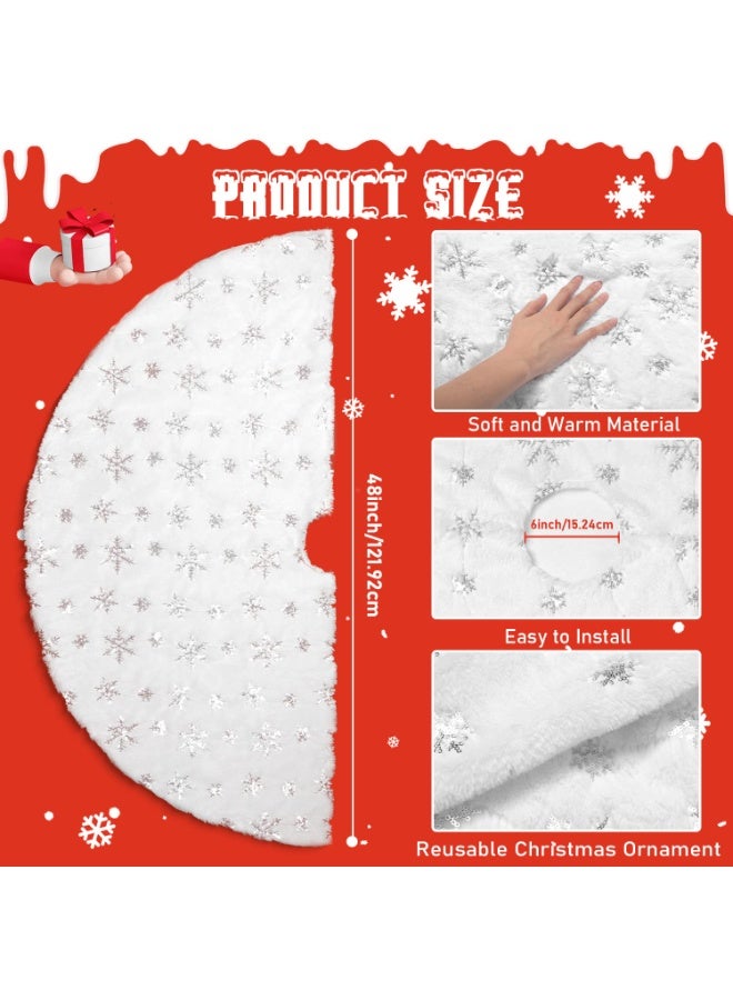 Chielor Christmas Tree Skirt, 48 Inches Large Snowy White Faux Fur Tree Skirt with Silver Snowy Pattern for Christmas Holiday Home Party Decorations Ornaments - Image 2