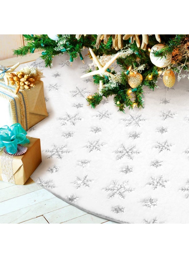 Chielor Christmas Tree Skirt, 48 Inches Large Snowy White Faux Fur Tree Skirt with Silver Snowy Pattern for Christmas Holiday Home Party Decorations Ornaments - Image 1